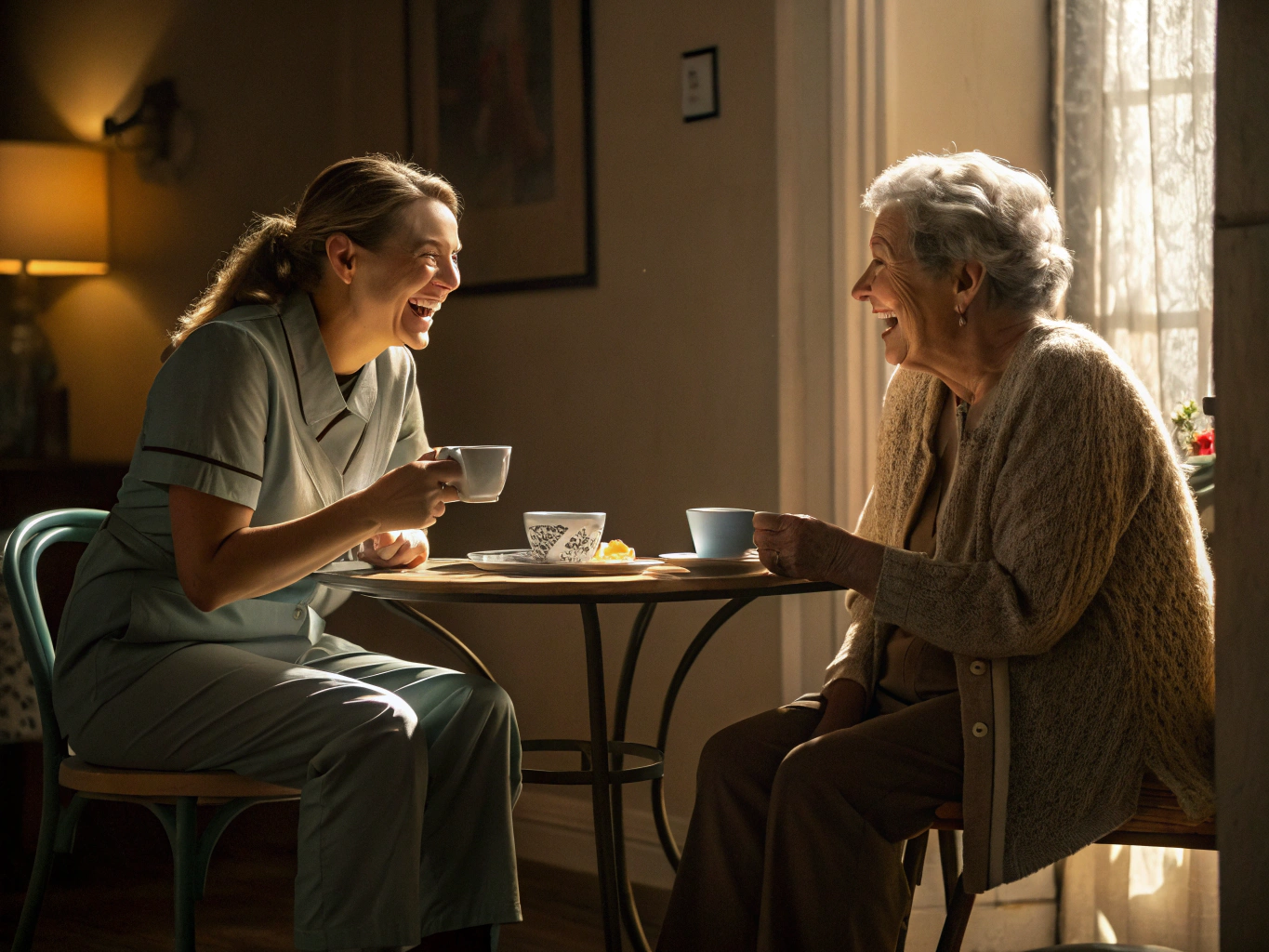 Caregiver and senior client sharing a comfortable conversation at home