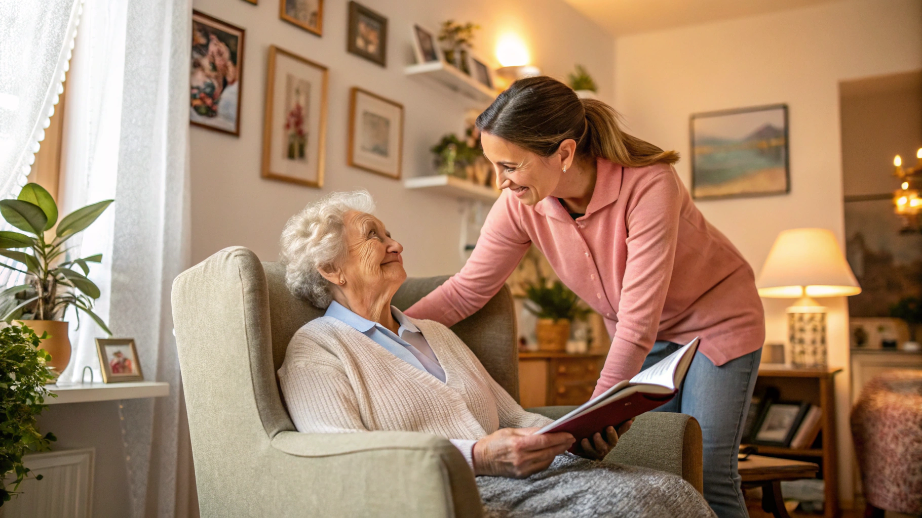 Caregiver assisting a senior with daily mobility routines