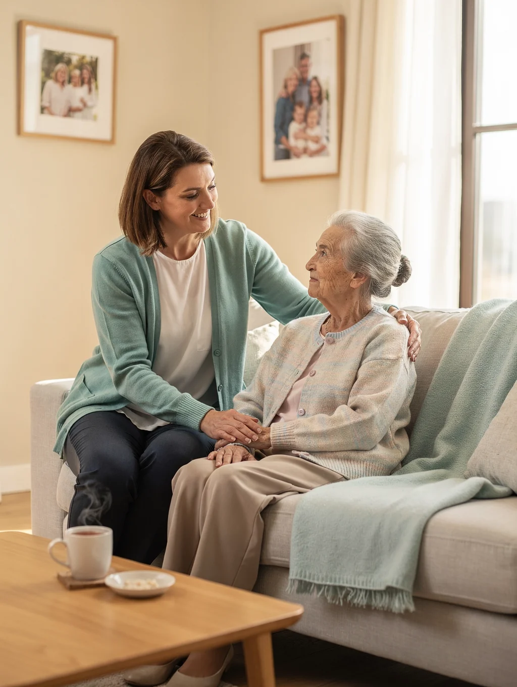 Caregiver gently assisting a senior woman at home in Northern Virginia