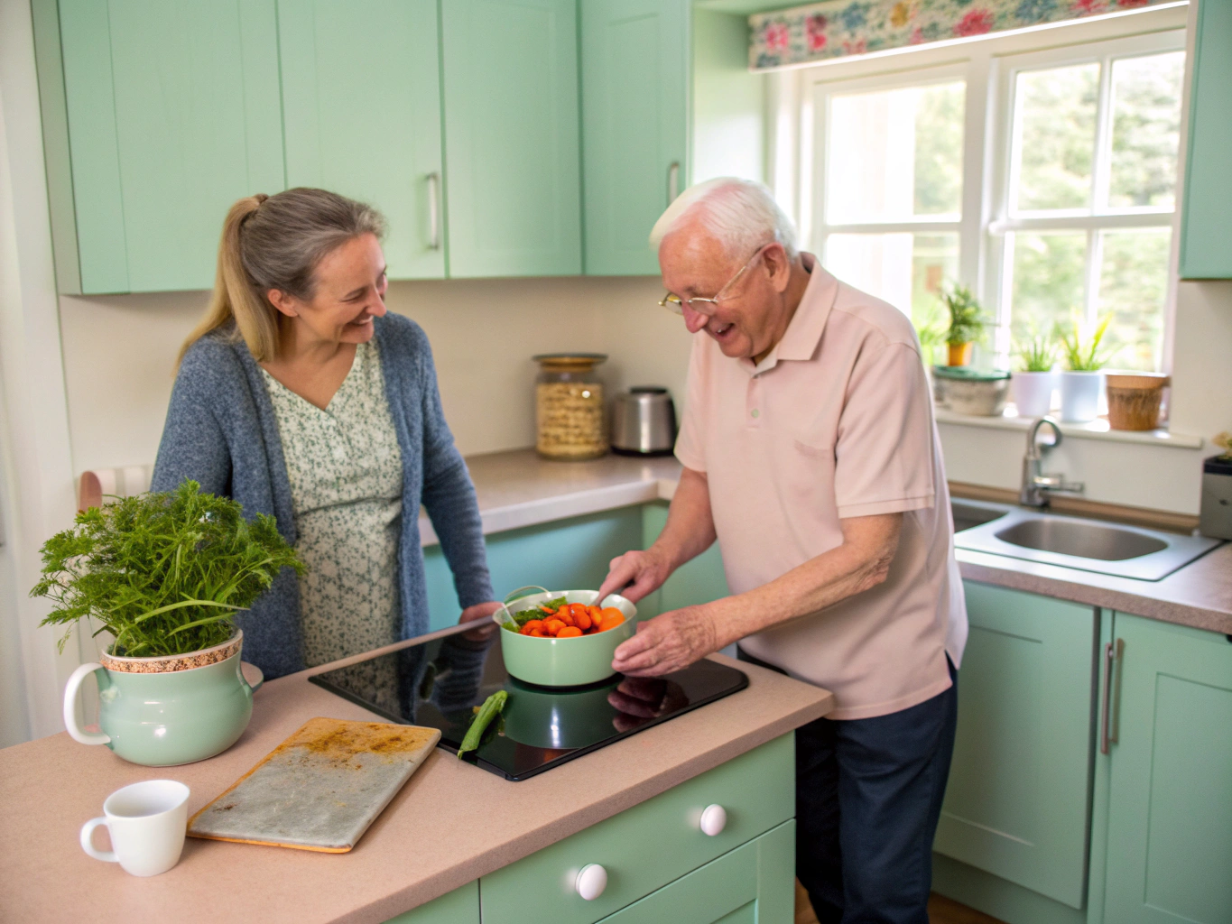 Caregiver assisting a senior with meal preparation at home